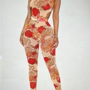 FashionNova dragon & roses mesh jumpsuit